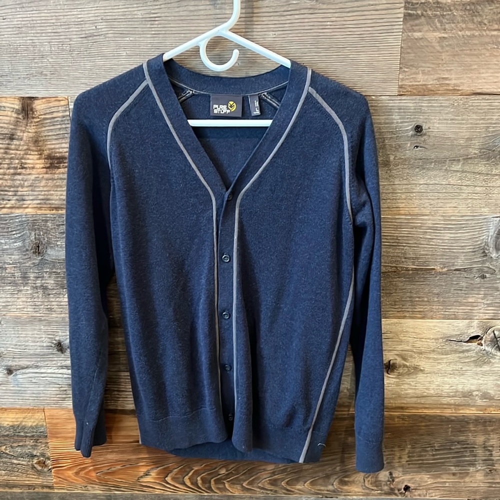 Pure Stuff Blue sweater - v- neck with gray piping.  Button front. L 14/16